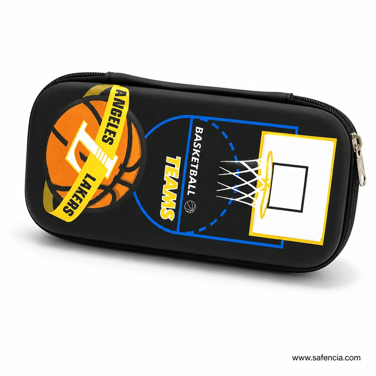 Basketball pencil case at an angle showing the domed black EVA lid