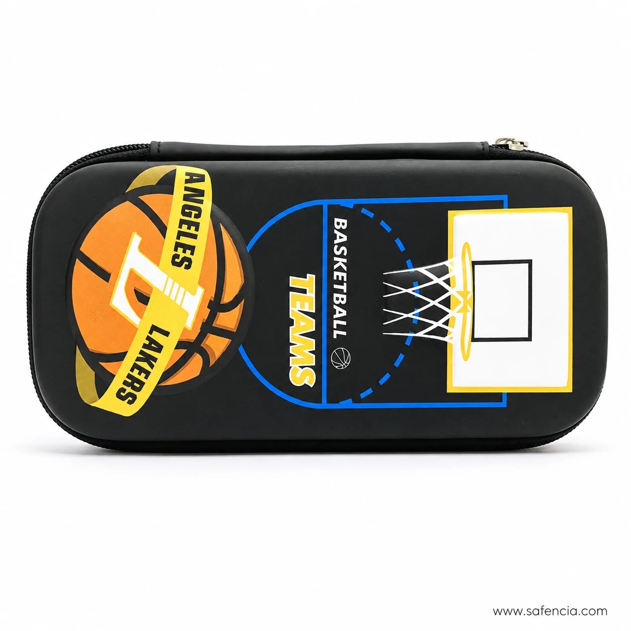 Basketball hard pencil case close view of the hoop print and zip pull