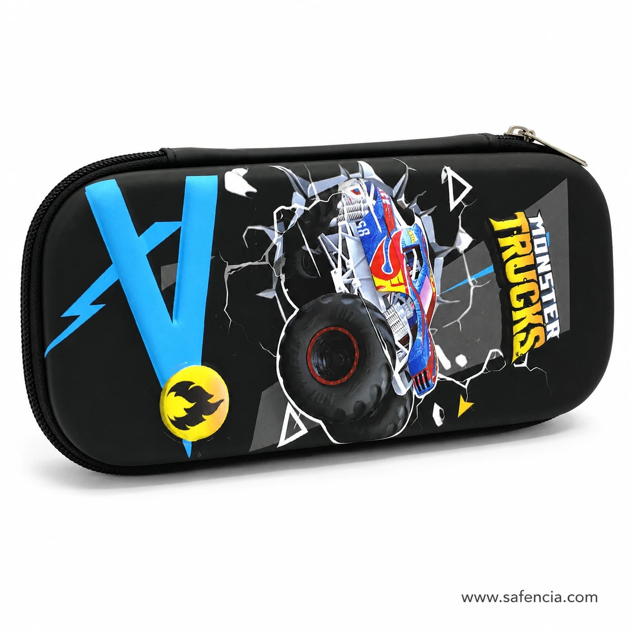 Monster truck hard pencil case angled view showing the lightning bolt print