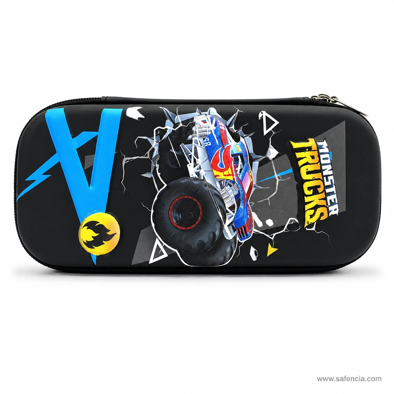 Monster truck pencil case side profile showing the domed EVA lid