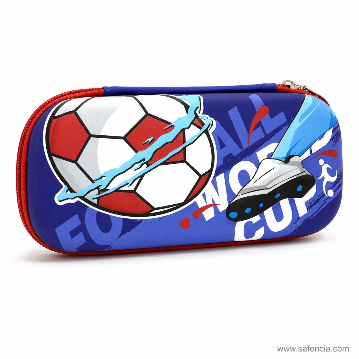 Football pencil case at an angle showing the red zip trim and domed lid