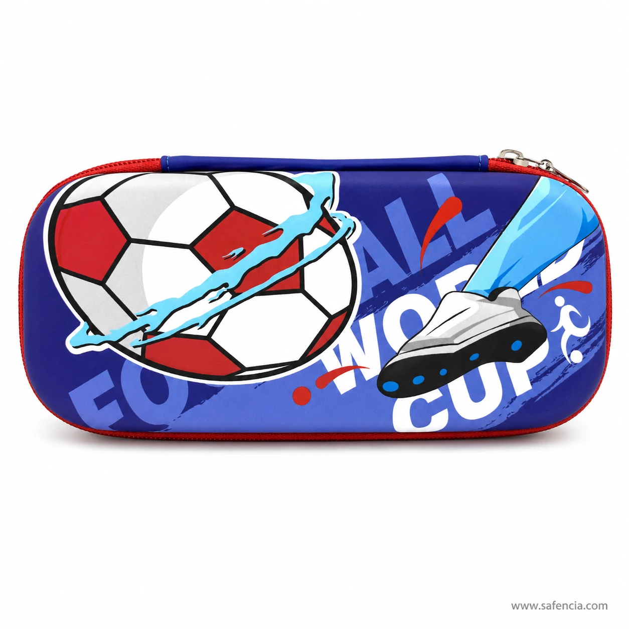 Blue football hard pencil case side profile view of the EVA shell