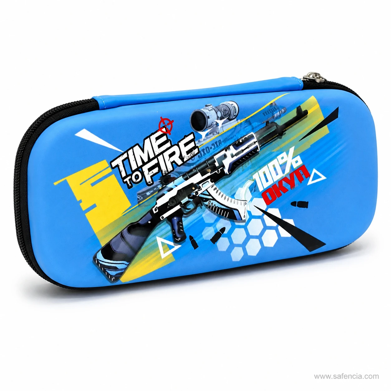 Blue blaster print pencil case angled view showing the domed EVA lid