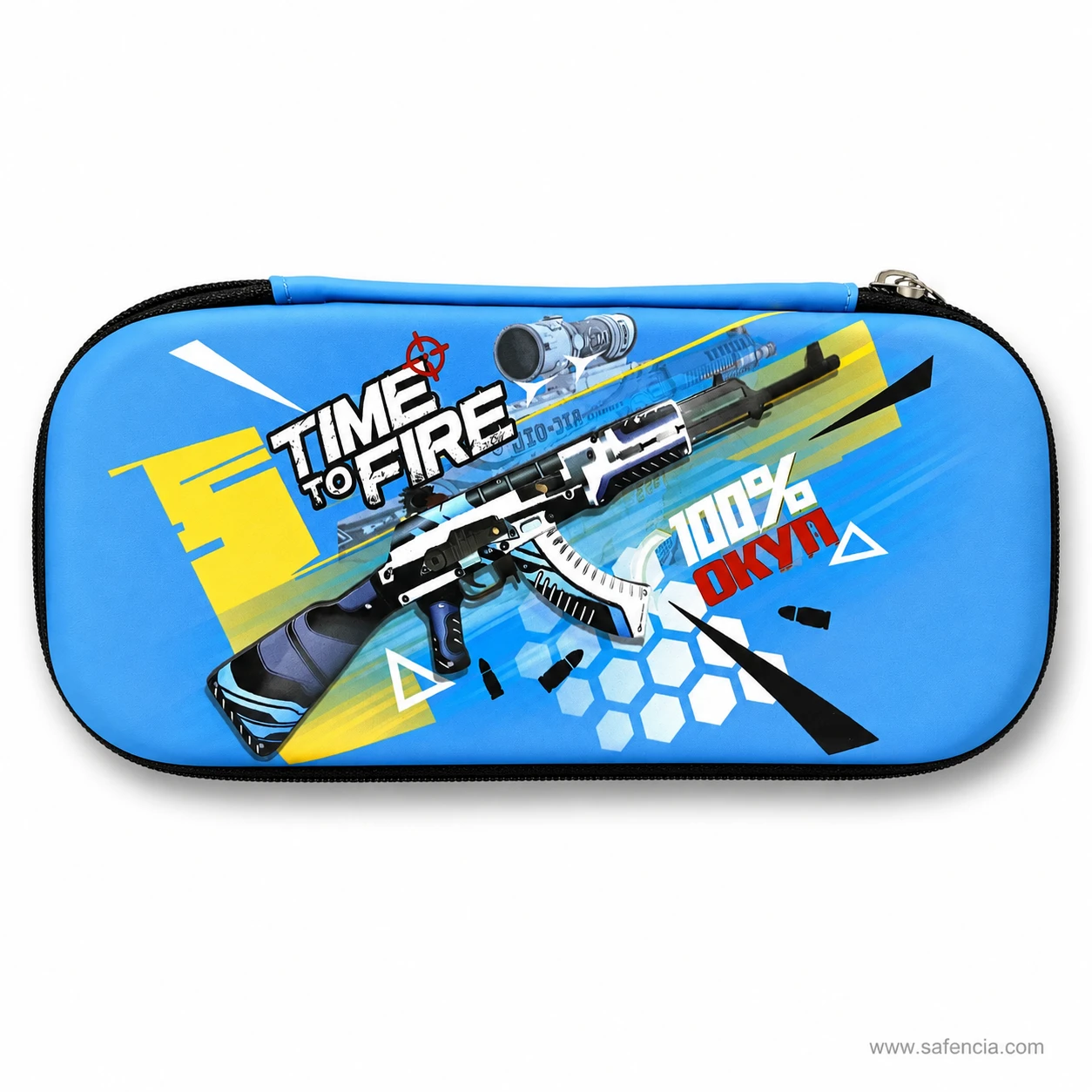 Blaster print pencil case showing the hexagon pattern on the lower panel