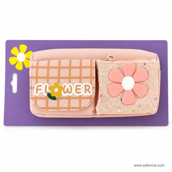 Flower Waffle Two-Pocket Pencil Pouch Peach with Glitter Panel