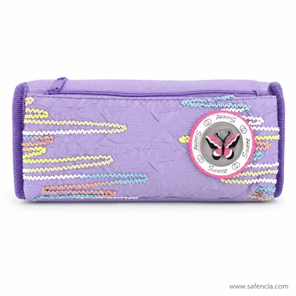 Lavender Butterfly Badge Pencil Pouch with Pastel Stitching