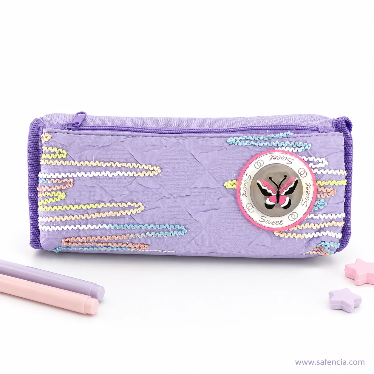 Lavender pencil pouch close view of the pastel zigzag stitching rows