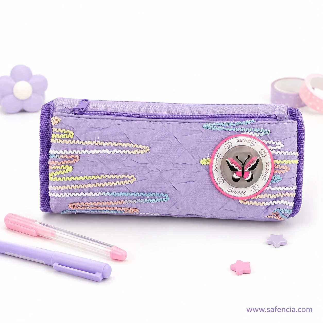 Lavender butterfly pencil pouch beside pastel pens and star erasers