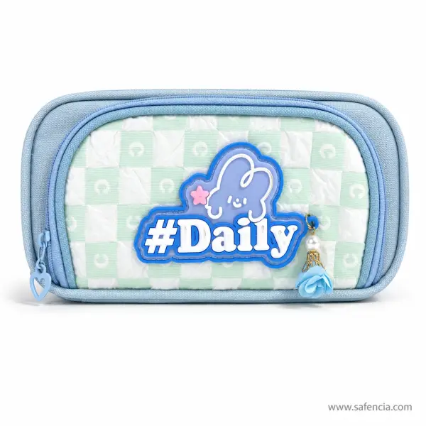 Daily Bunny Checkerboard Pencil Case Blue with Two Zips