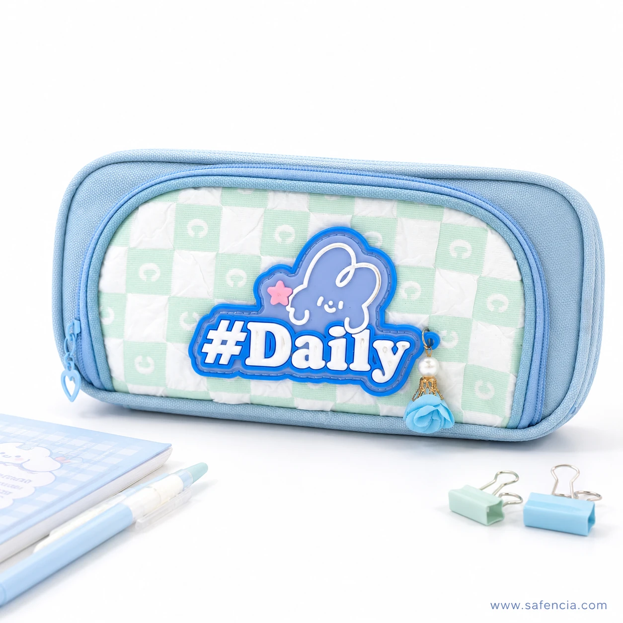 Daily bunny pencil case angled view showing the top and bottom zips