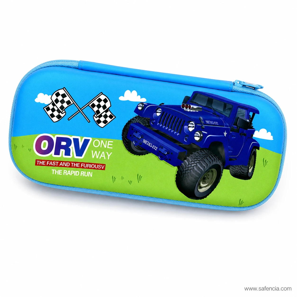 Blue jeep hard pencil case side profile showing the zip line and depth