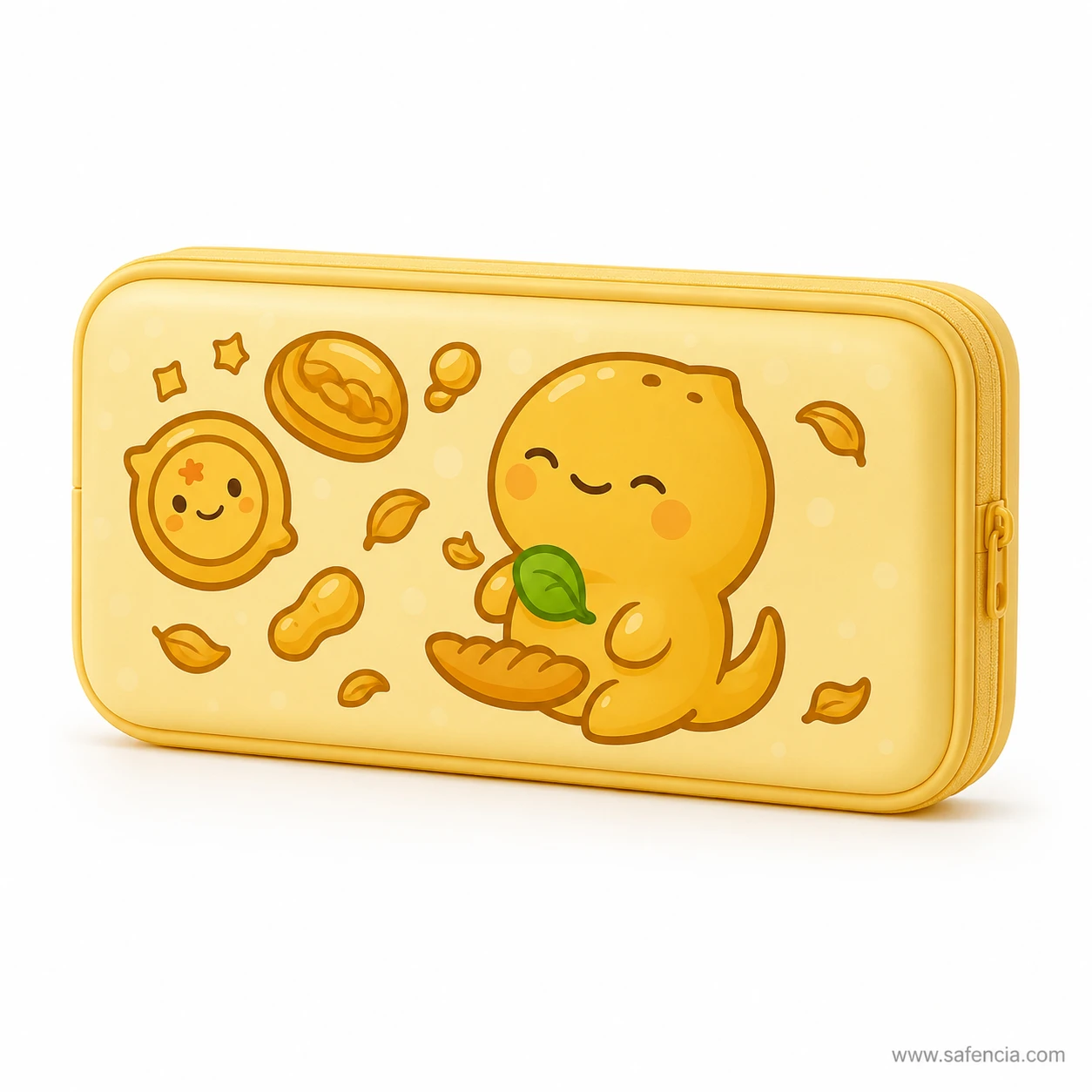 Close view of the raised lemon character and leaves on the yellow case