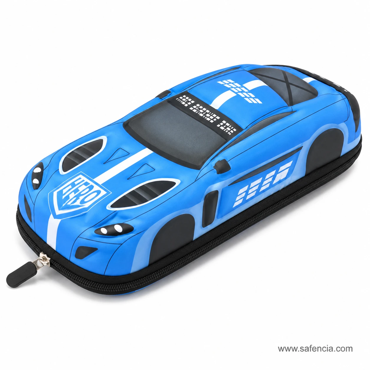 Car shaped pencil case at an angle showing the raised wheel arches