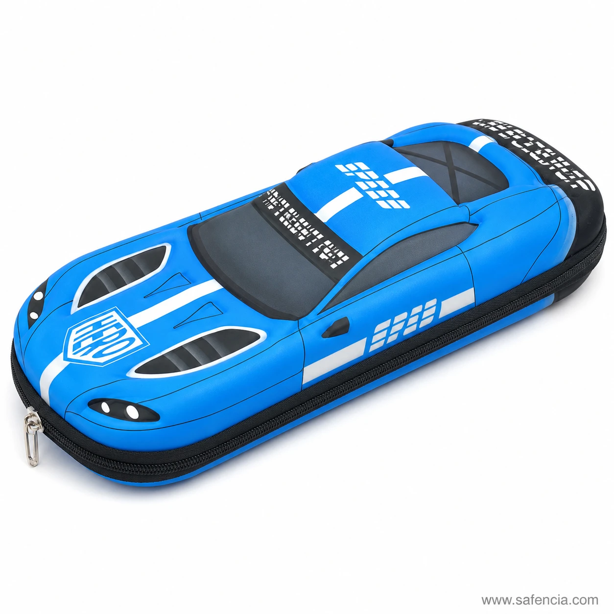 Blue car shaped pencil case front view showing headlamps and nose badge