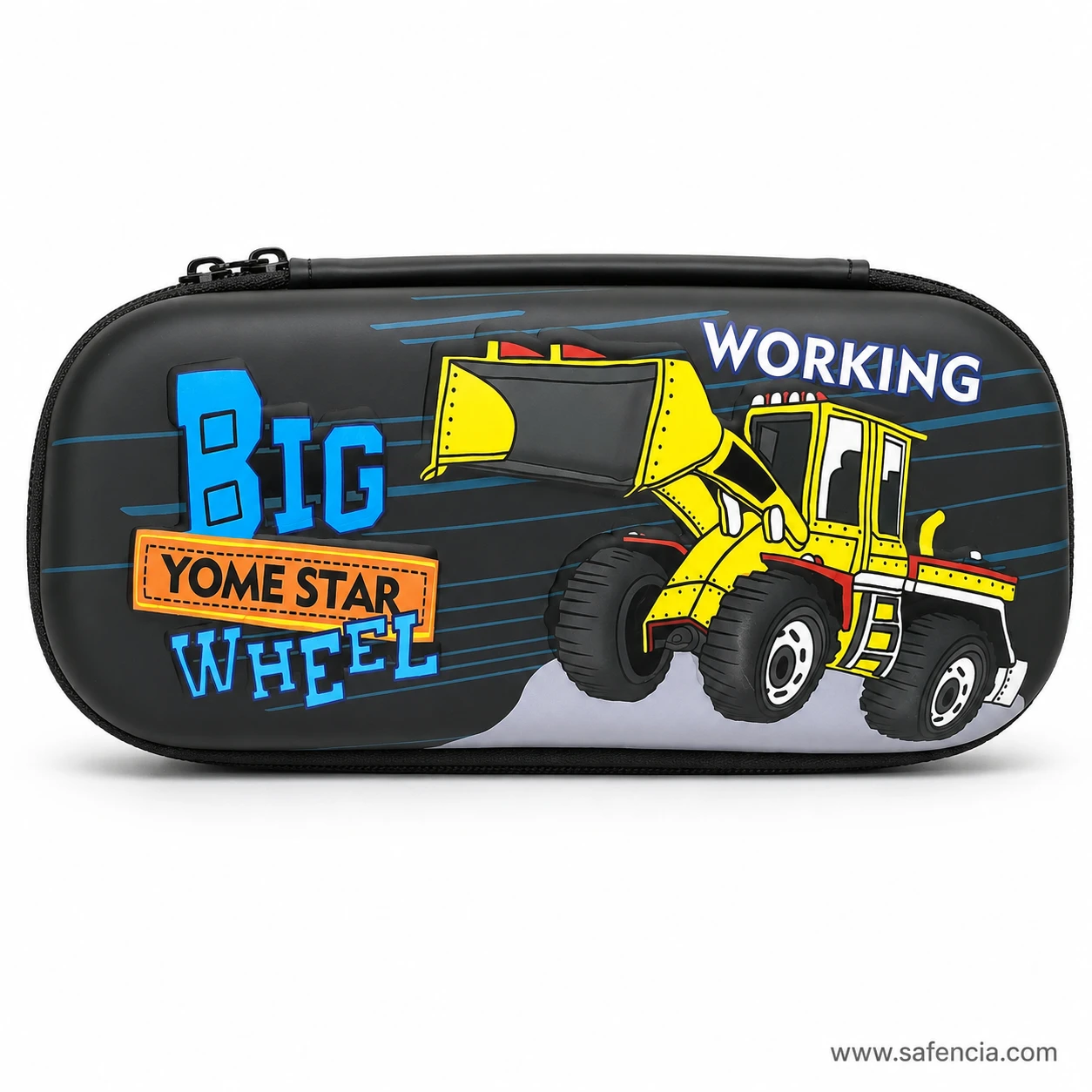 Wheel loader hard pencil case at an angle showing the domed lid and zip
