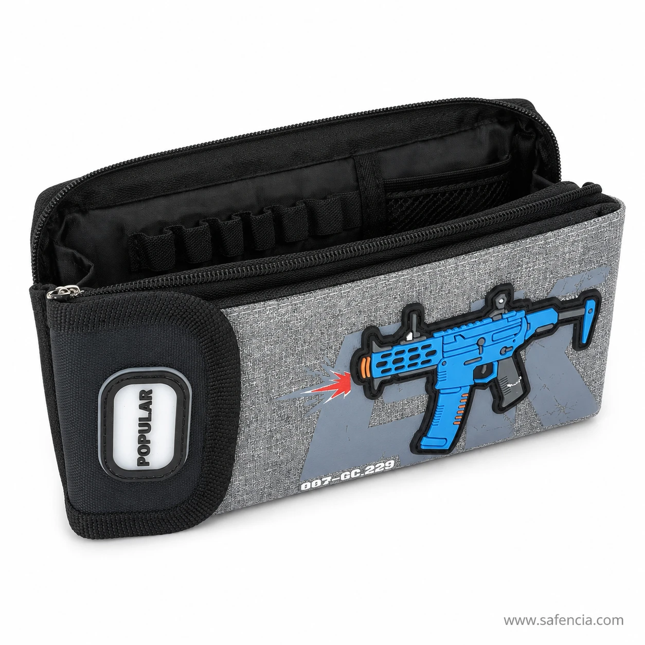 Grey canvas pencil case open showing elastic pen loops and slip pocket