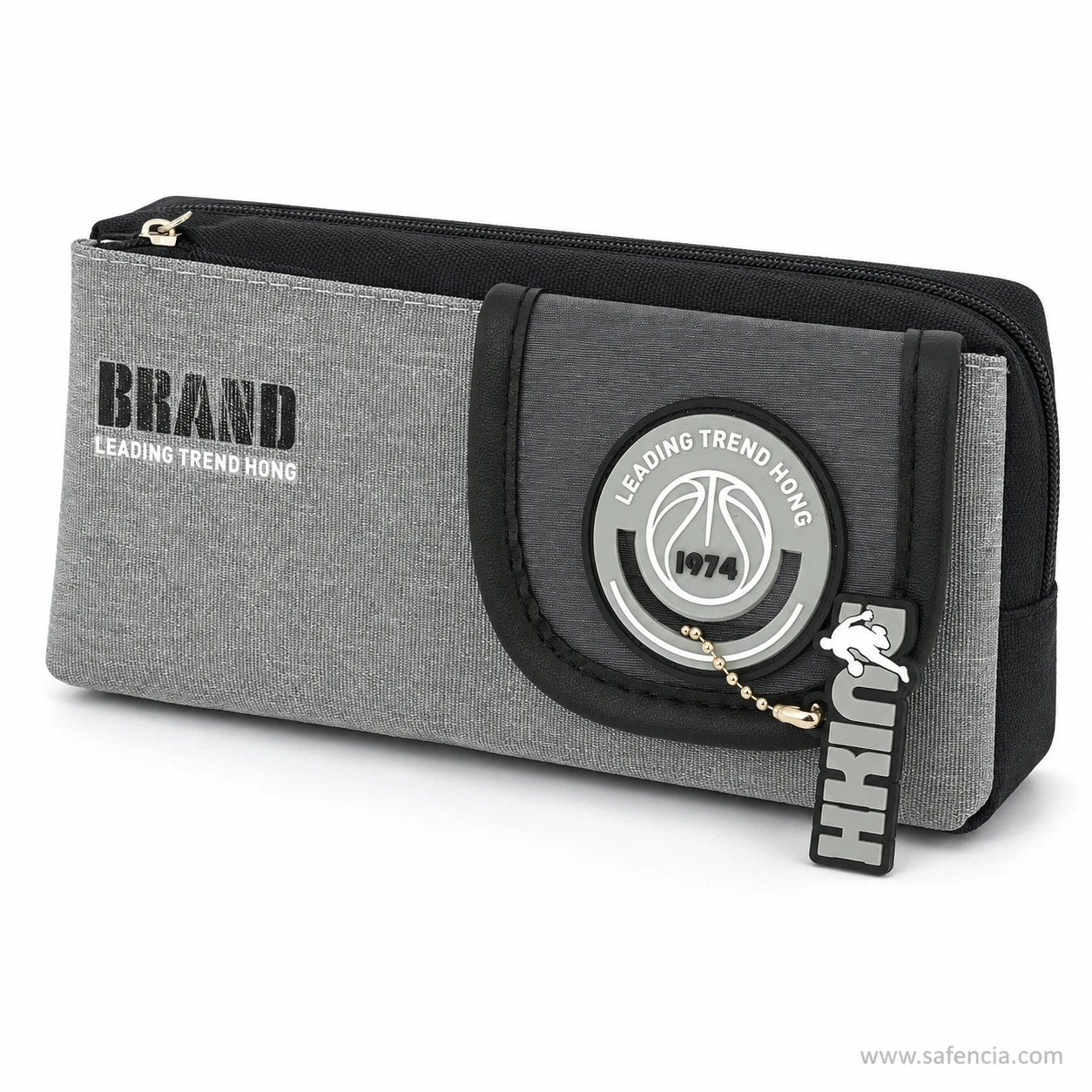 Camera shaped pencil pouch at an angle showing its low slab-sided profile