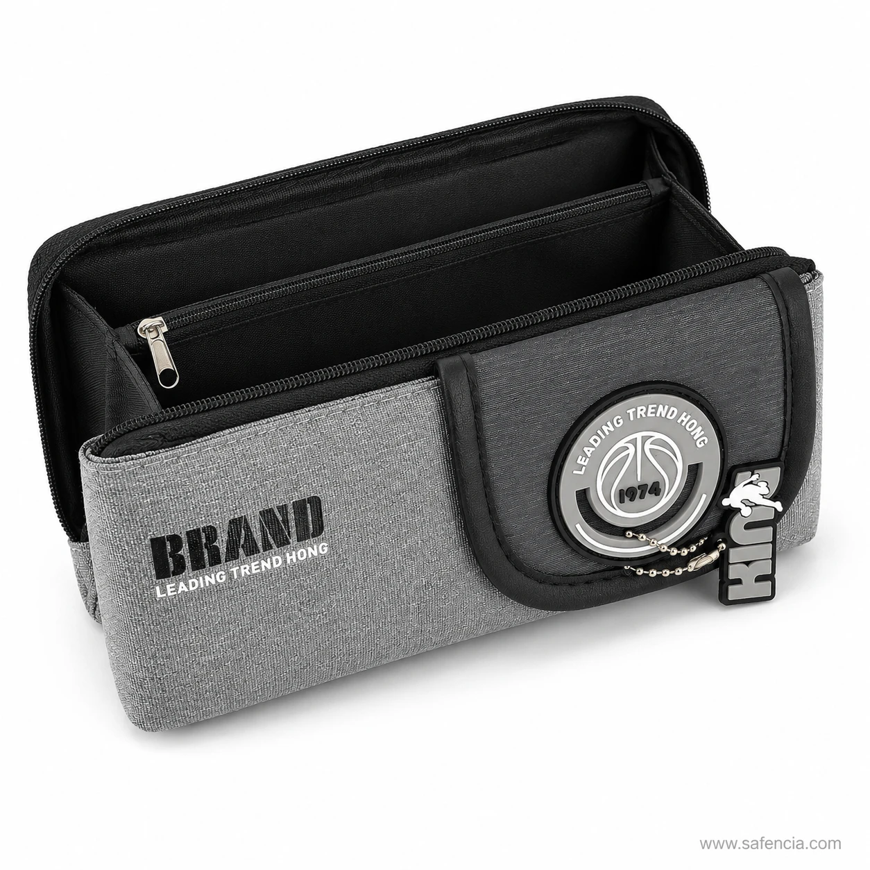 Camera shaped pencil pouch open showing both zipped compartments