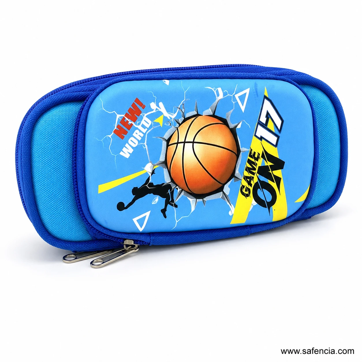Basketball pencil case angled view showing both full-length metal zips