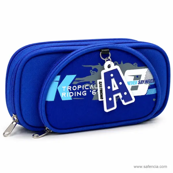 Tropical Riding Royal Blue Two-Zip Pencil Case with Letter Tag