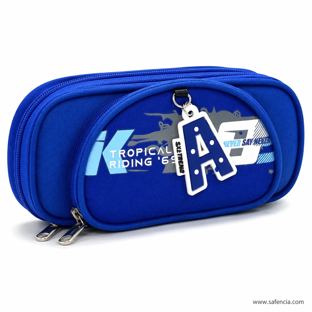 Royal blue pencil case angled view showing both full-length zips