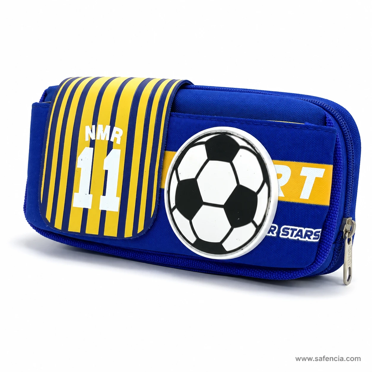 Close view of the raised moulded football badge on the striped pocket