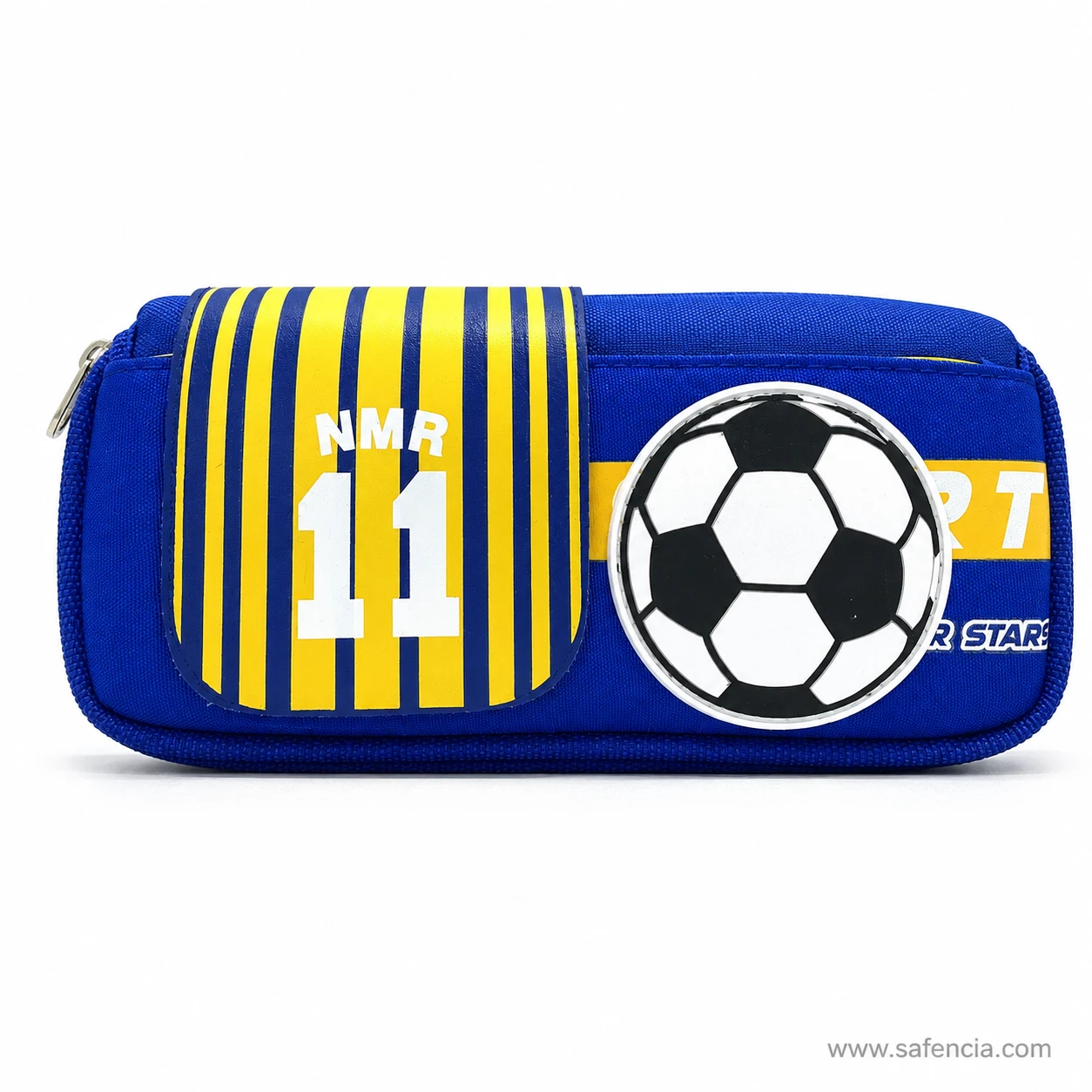 Football pencil case angled view showing the separate front pocket zip