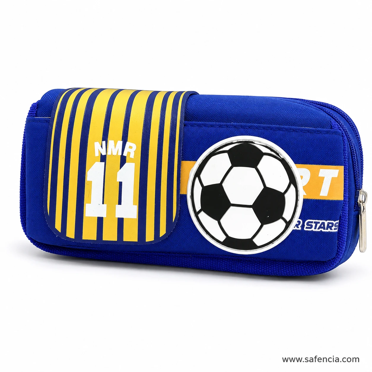Football stripe pencil case side profile showing the padded depth