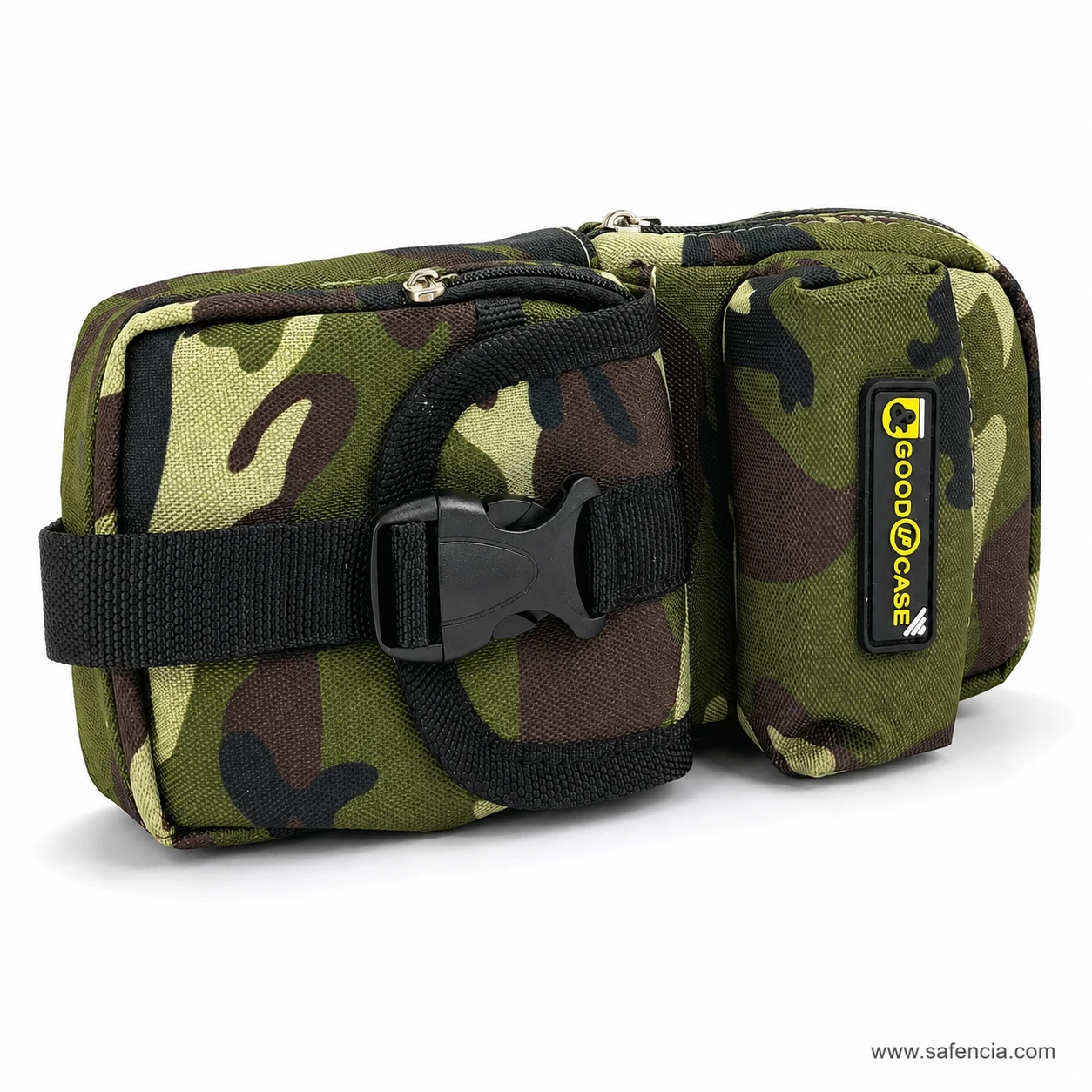Camouflage utility pouch at an angle showing its boxed construction