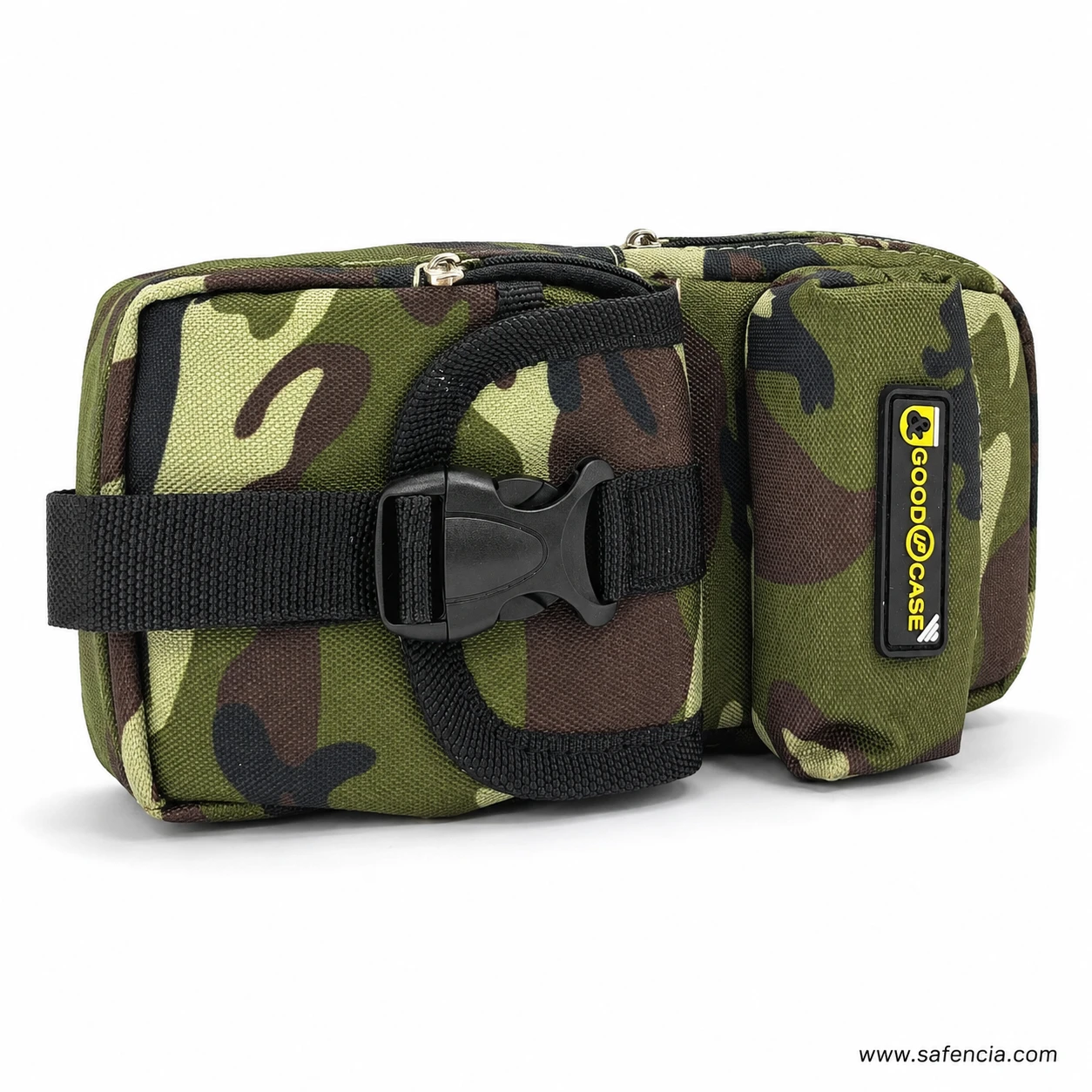 Camouflage pouch showing the separate zipped end pocket and yellow label