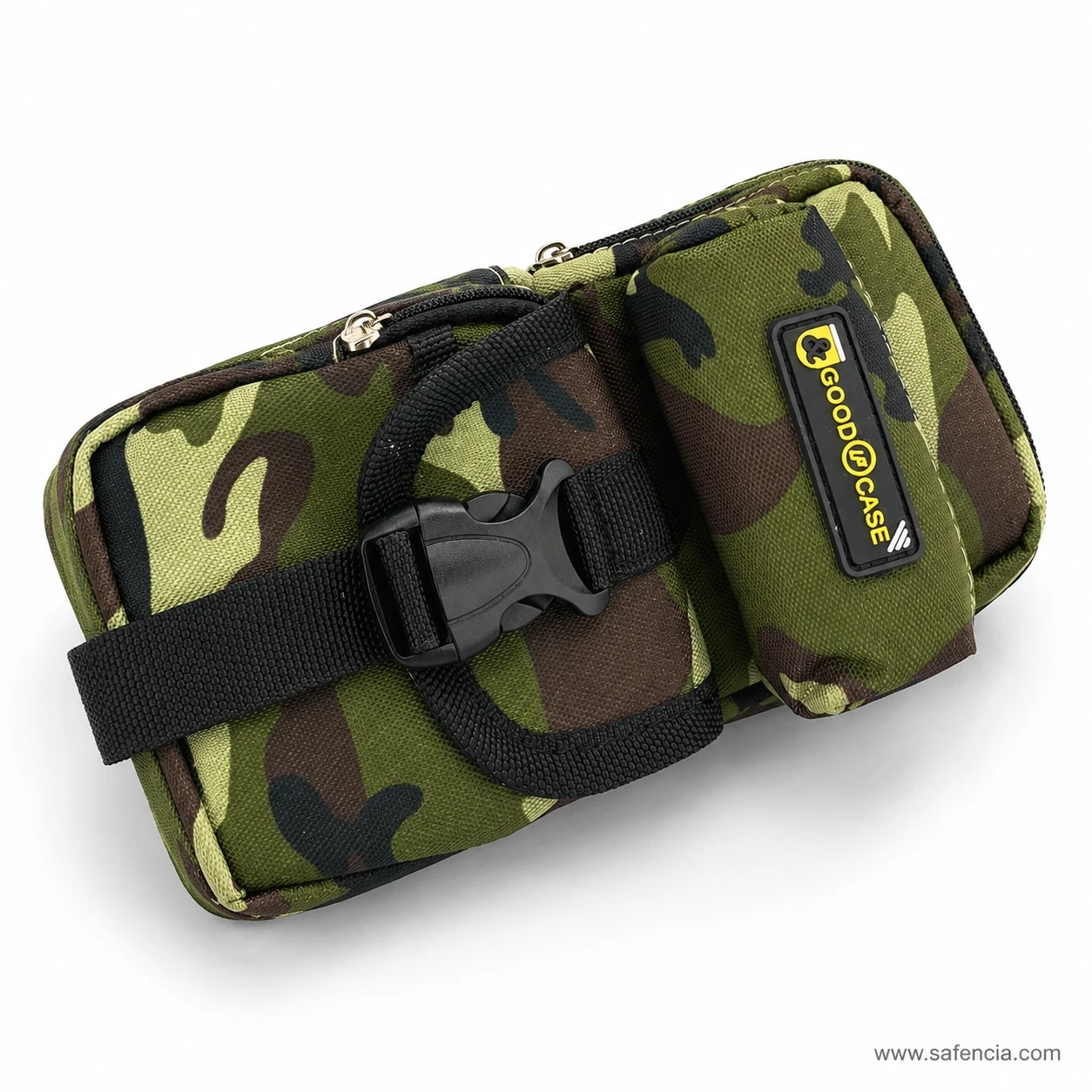 Camouflage pencil pouch side profile showing the buckle and webbing