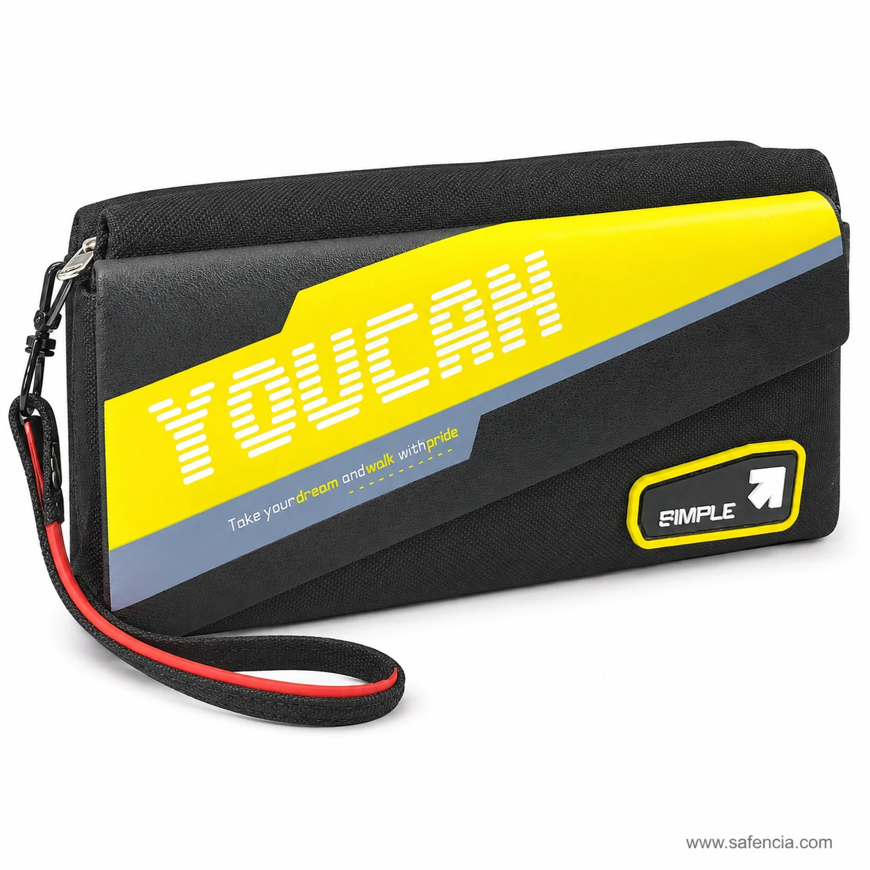 Youcan black pouch at an angle showing the flap folded over the opening