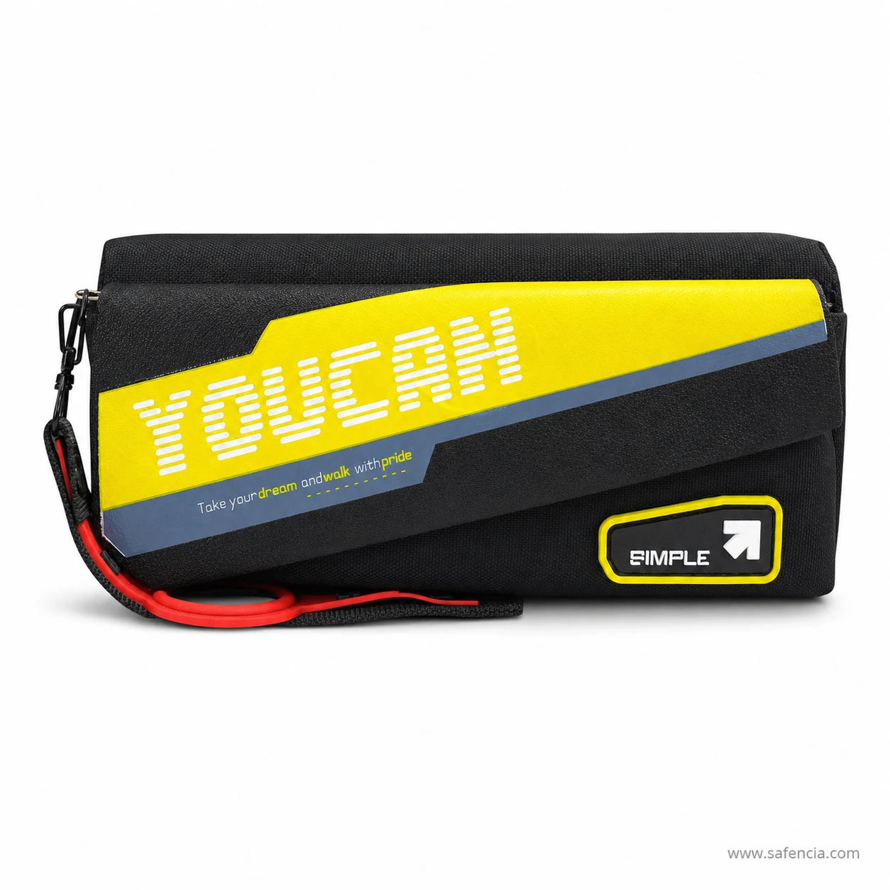 Close view of the red wrist strap clipped to the black pencil pouch
