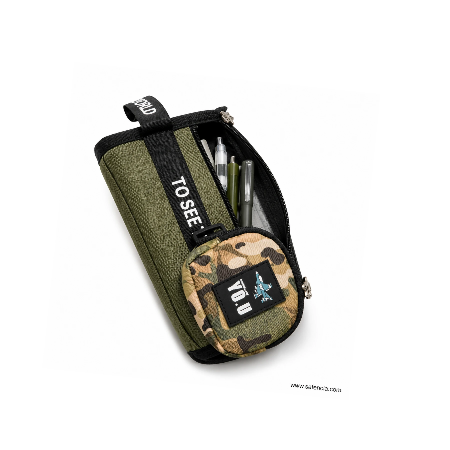 Stand-up pencil case showing the zipped camouflage front pocket
