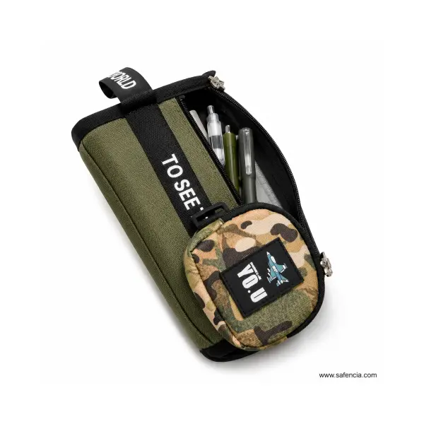 Olive Stand-Up Pencil Case with Camouflage Front Pocket