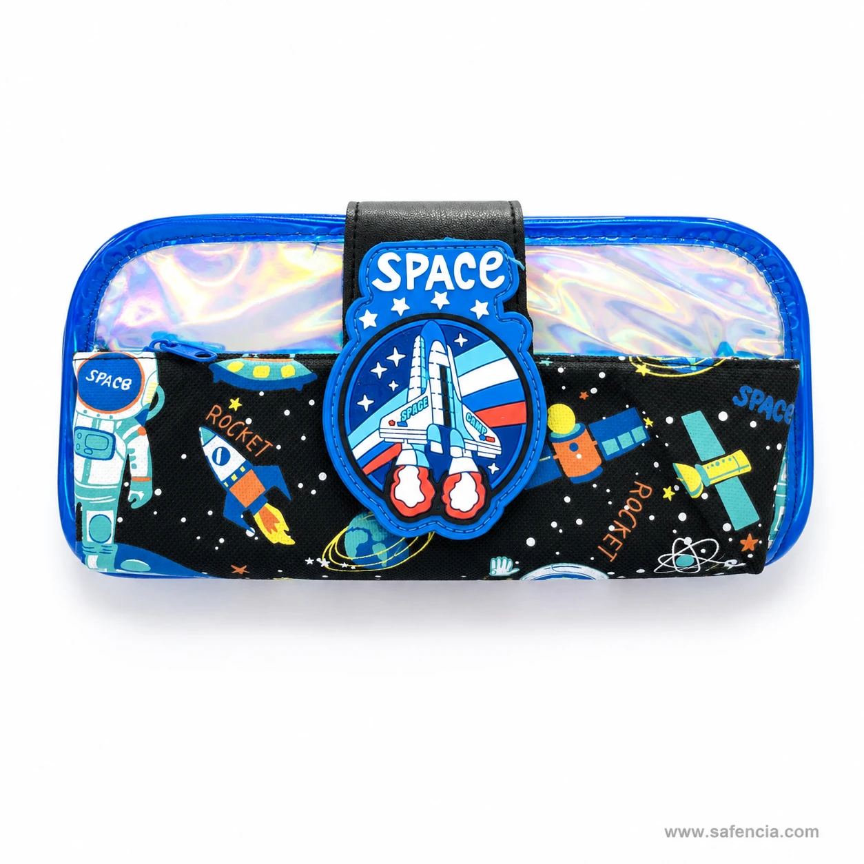 Space pencil pouch showing the holographic band shifting colour