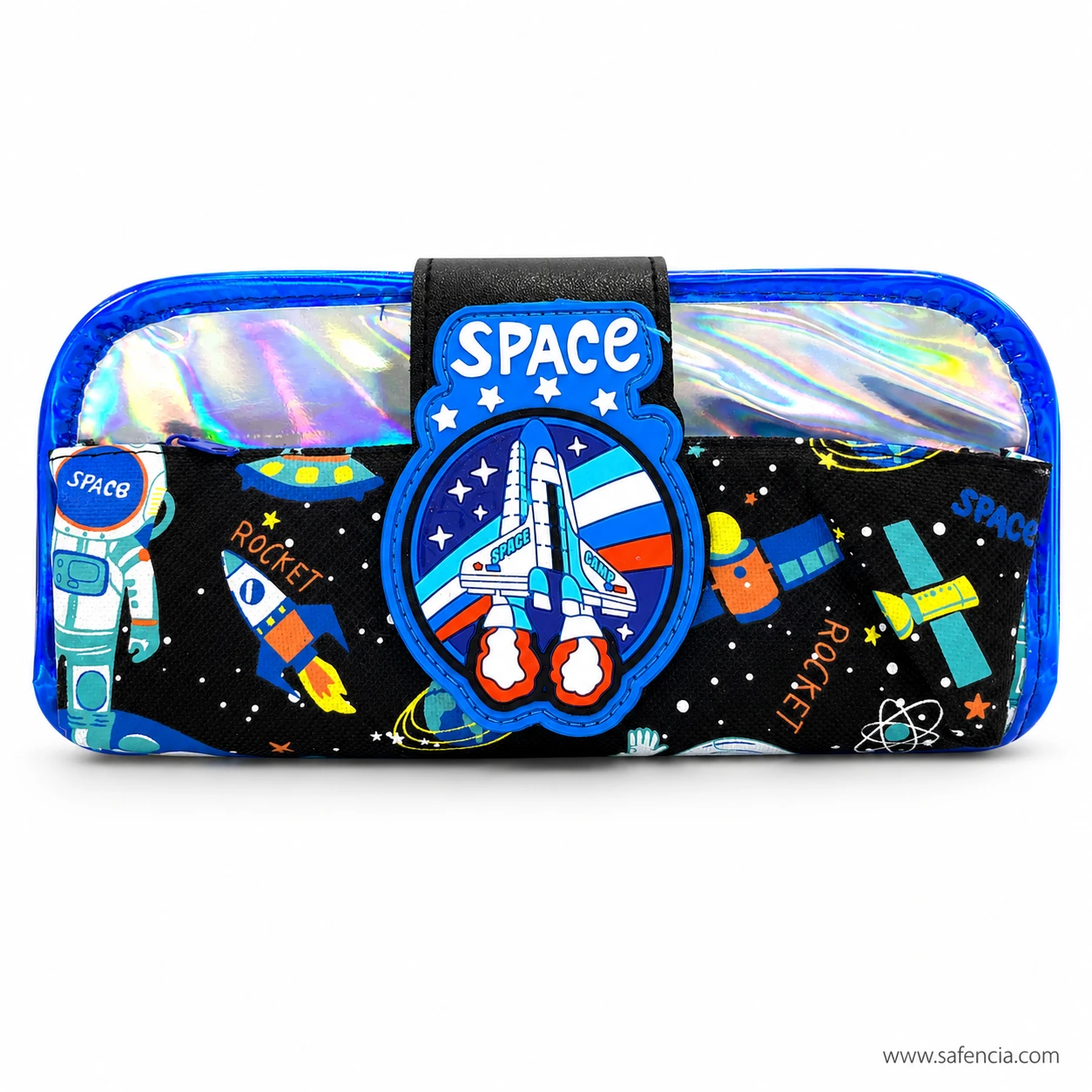 Close view of the raised shuttle badge and SPACE flap strap on the pouch