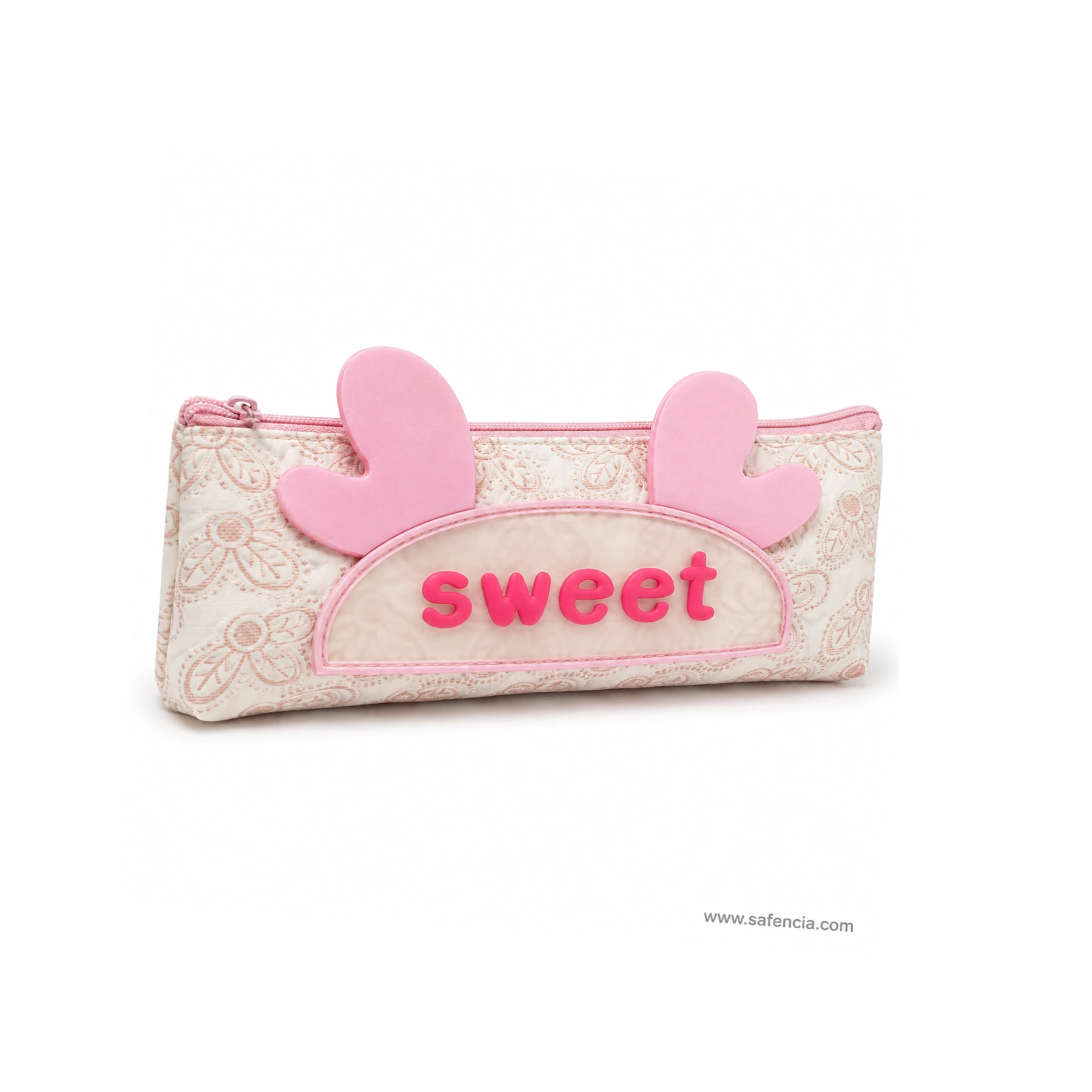 Close view of the padded pink bunny ears stitched into the pouch seam