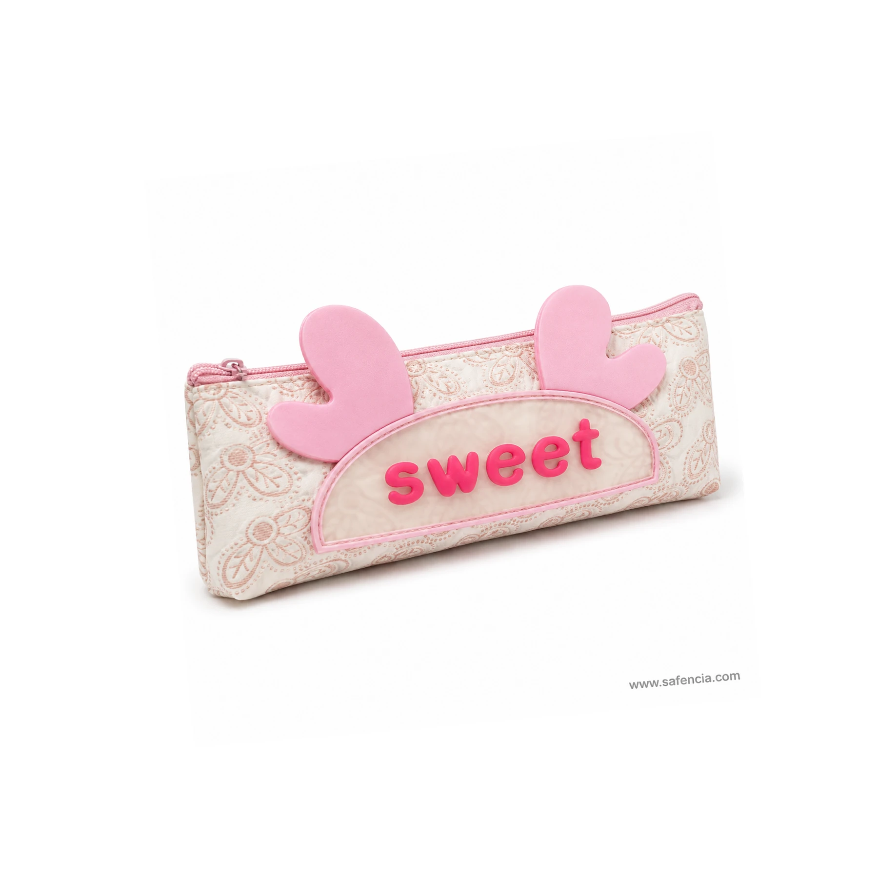 Cream bunny pencil pouch showing the fine lace pattern in the fabric