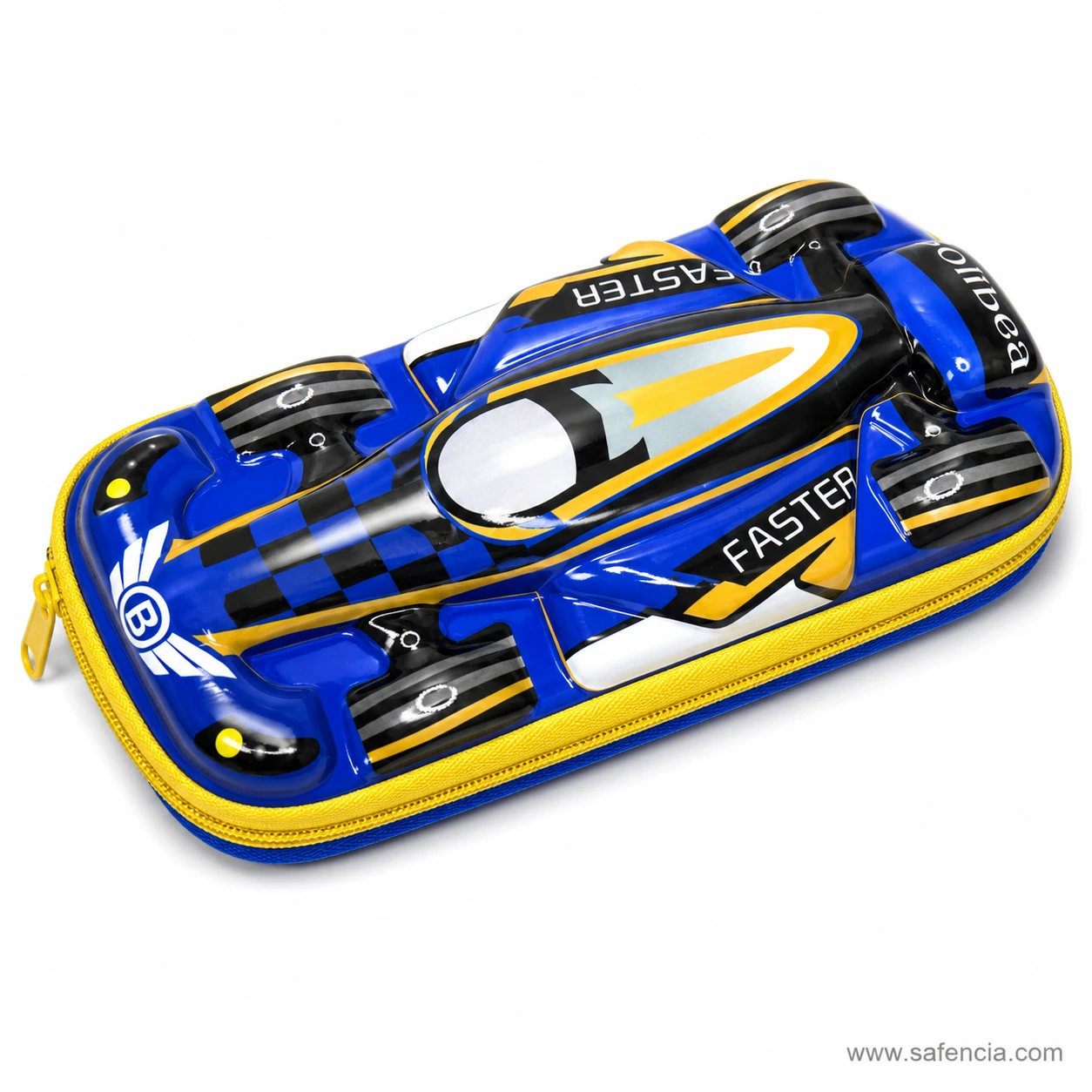 3D race car pencil case at an angle showing the moulded scoops and wheels