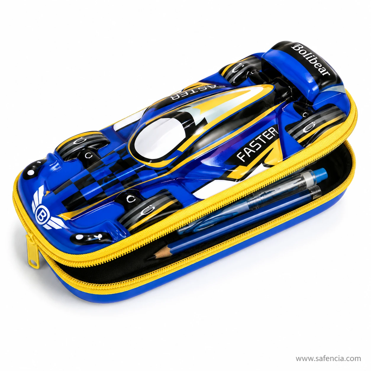 3D race car pencil case open showing elastic pen loops and base divider