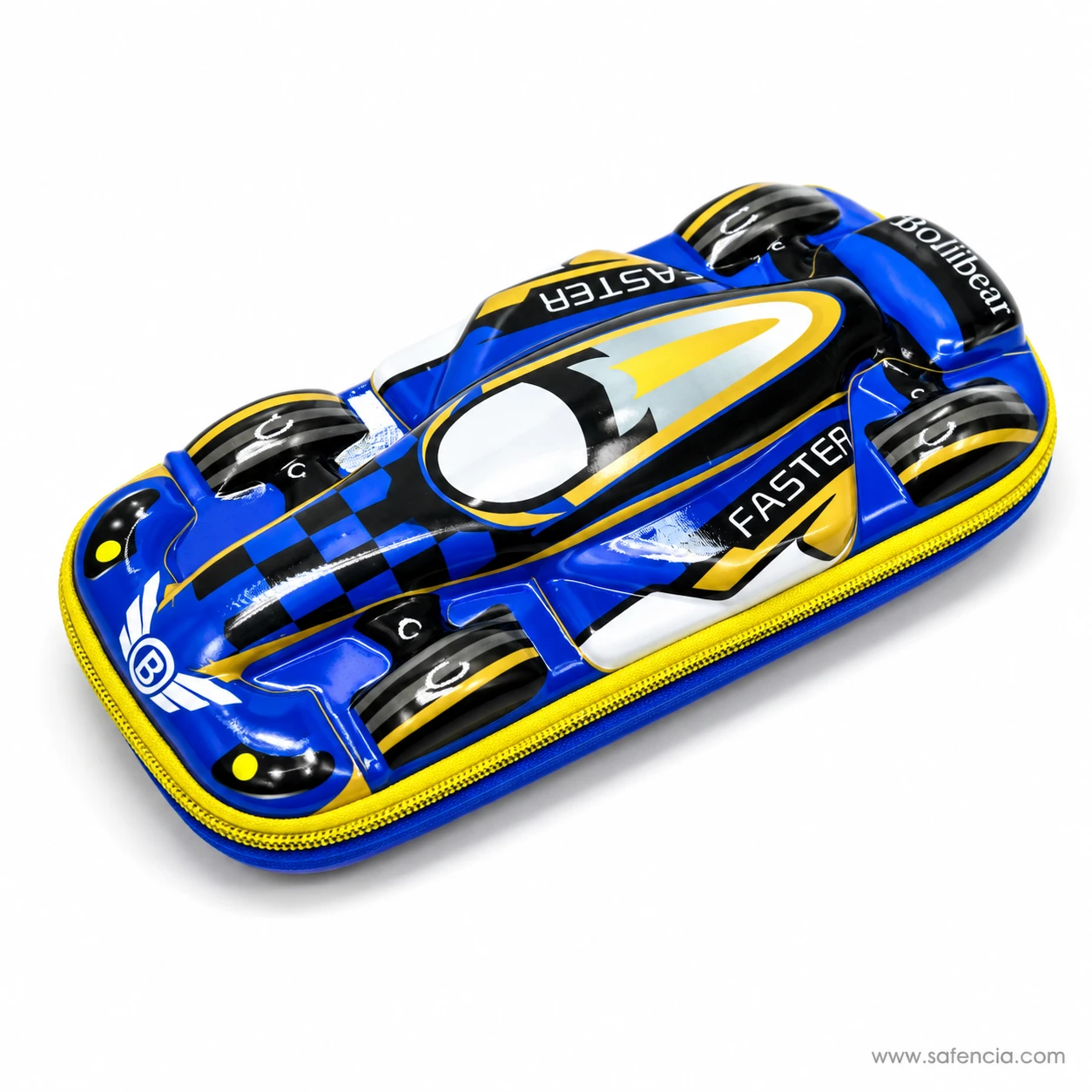 Race car hard pencil case showing the yellow zip running the full loop