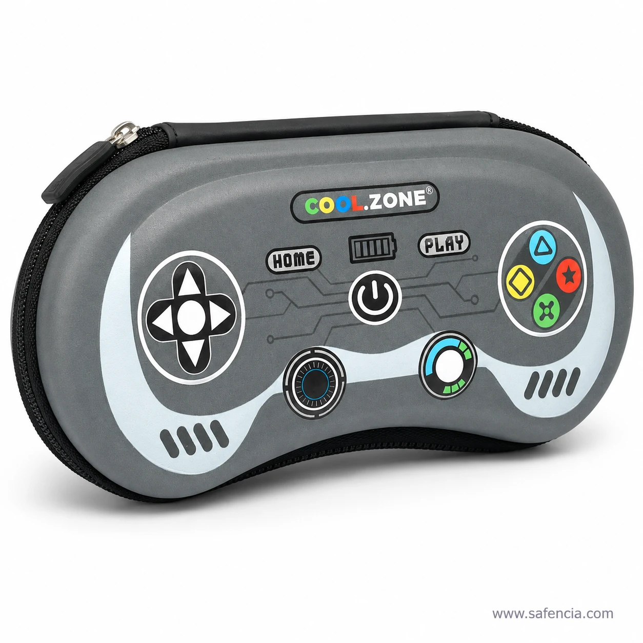 Close view of the raised D-pad and coloured buttons on the pencil case