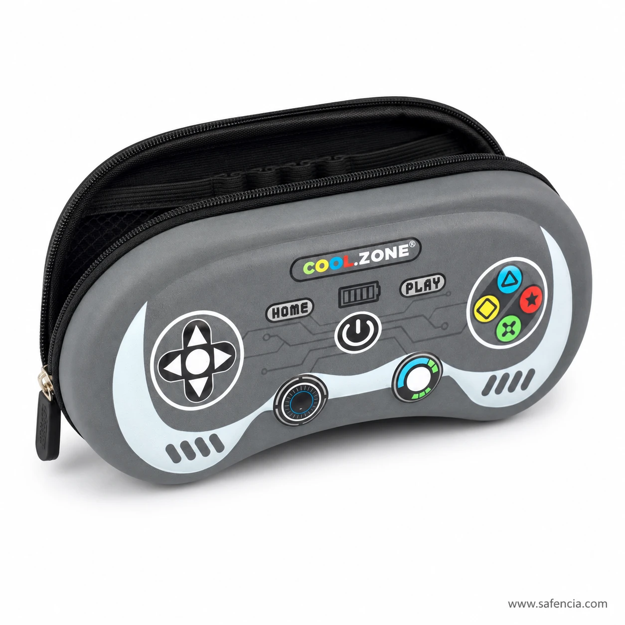 Game controller pencil case angled view showing the zip around the shape