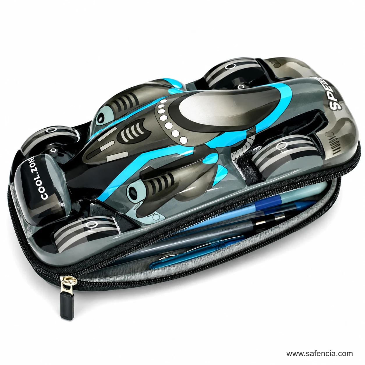 Speed Racer pencil case open showing the full-length storage bay inside