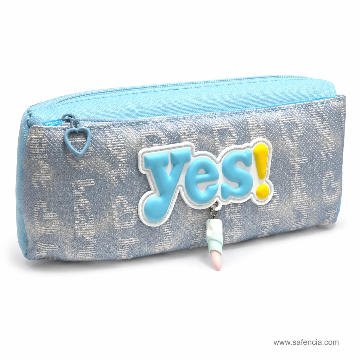 Close view of the raised yes patch and heart print on the pouch