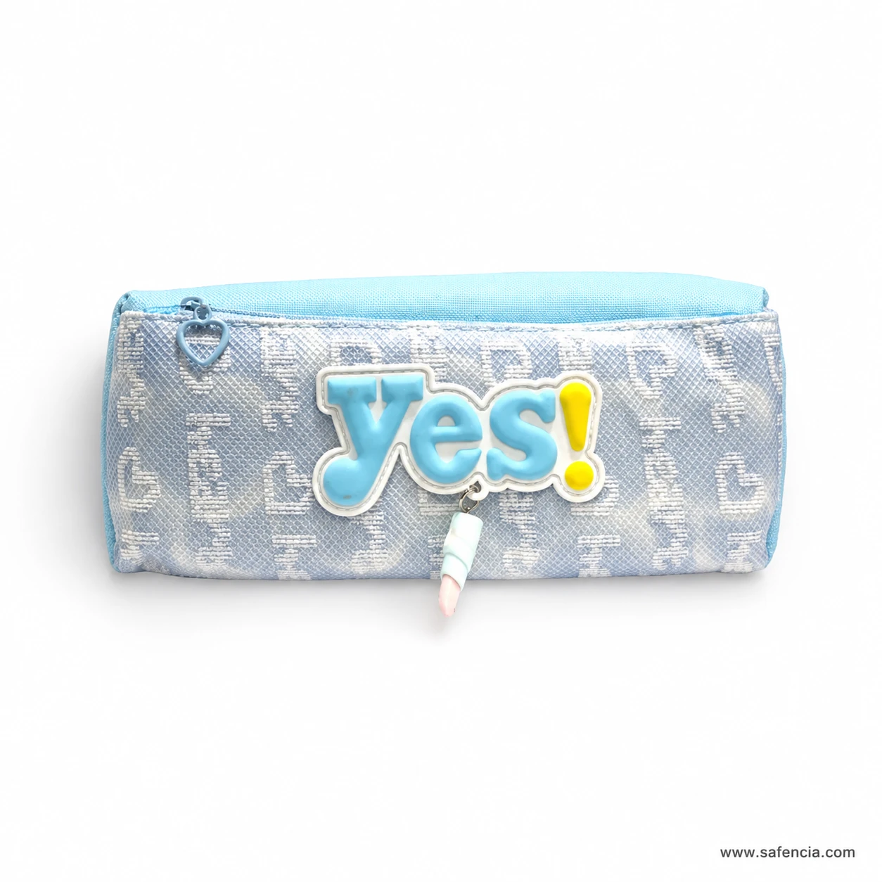 Yes pencil pouch showing the pen-shaped charm hanging from the zip