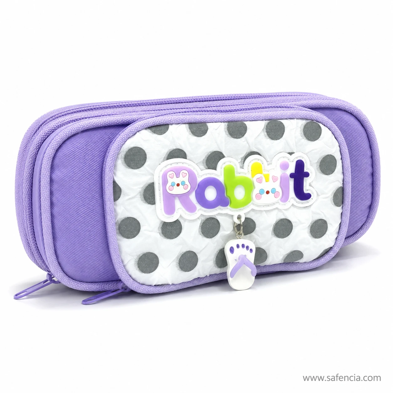 Close view of the purple bunny paw charm on the lower zip pull