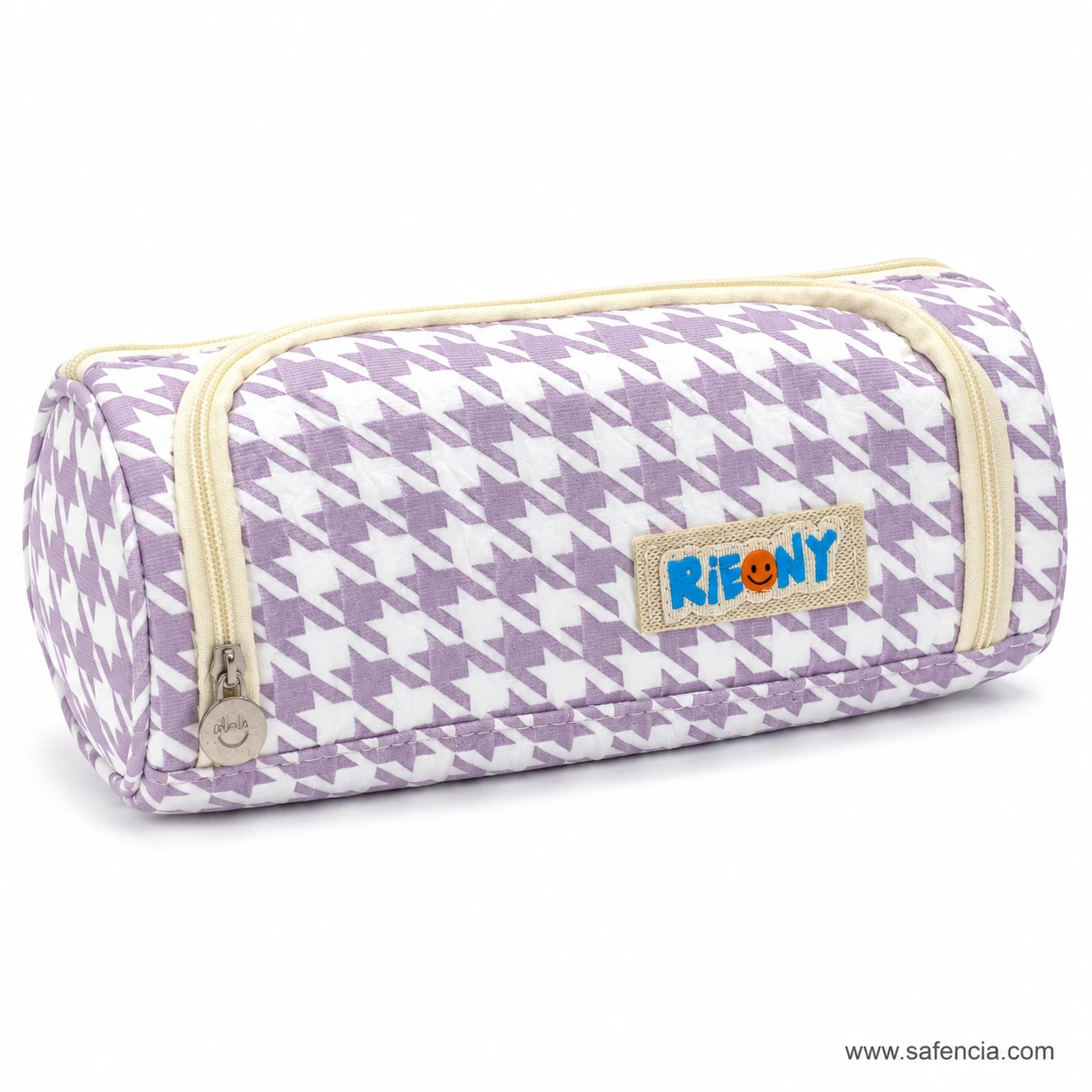 Houndstooth pencil pouch showing both parallel cream zips along the top