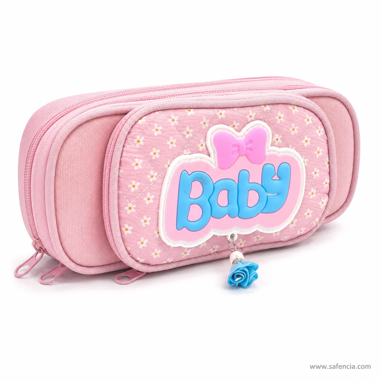 Close view of the raised Baby lettering and moulded pink bow